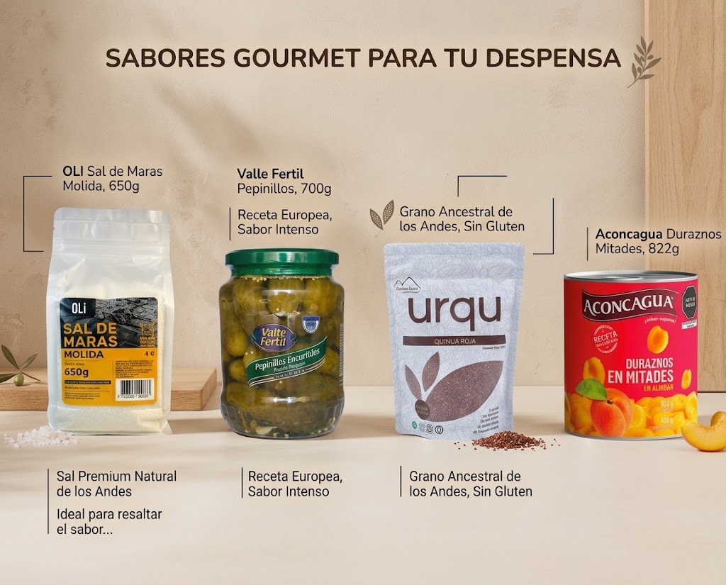 Sabores gourmet Costa Azul: Sal de Maras, Pepinillos Valle Fértil, Quinua Roja Urqu y Duraznos Aconcagua